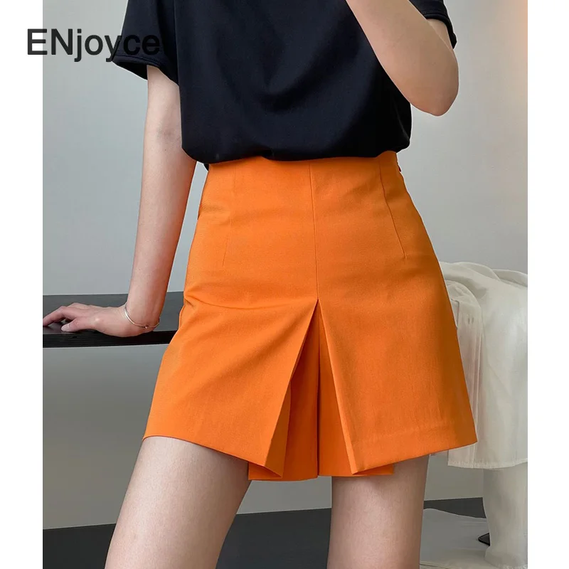 

Vintage Orange High Waist Shorts Women Korean Style High-quality Short Skirt Pants Ladies Casual Wide Leg A-line Trousers