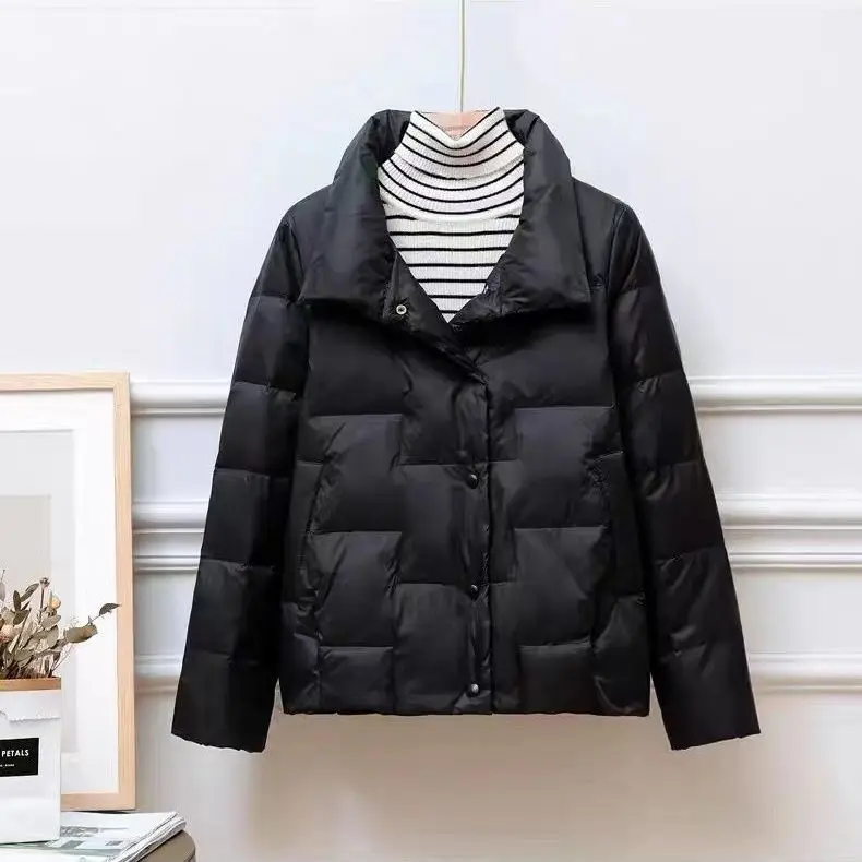 2023 News Winter Women White Duck Down Coat Casual Warm Jacket Female Short Pockets Buttons Warm Ladies Stand Collar M13