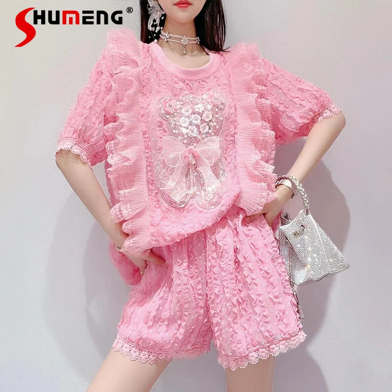 Two Piece Suit Female Summer New Korean Style Sweet Tops Heavy Industry Beads Sequined Short-Sleeved Shirt + Casual Shorts