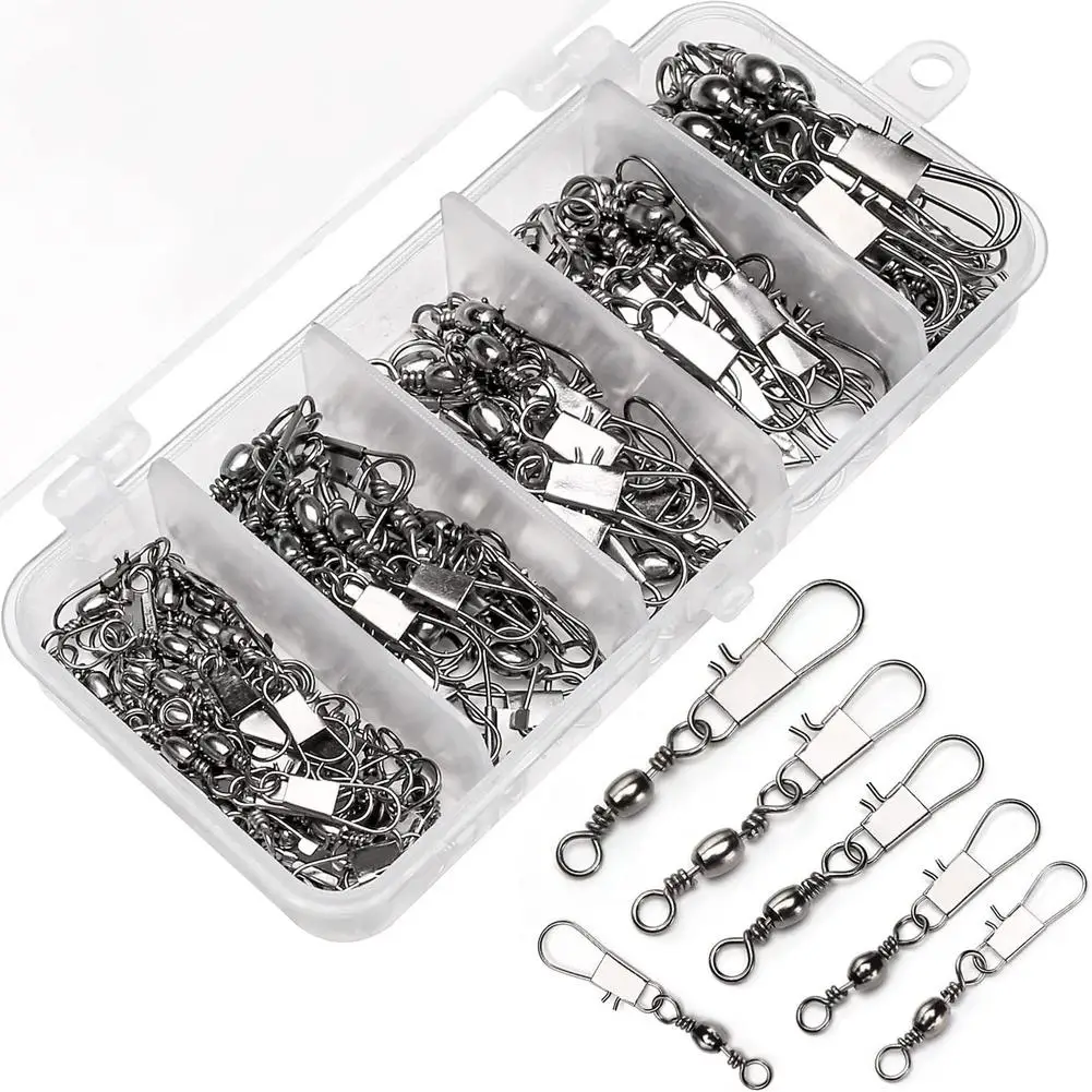 

200pcs Fishing Rolling Ball Bearing Barrel Swivel Connector With Safety Buckle Multiple Sizes Fishing Accessories