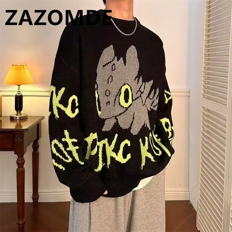 

ZAZOMDE Trendy Winter Knitwear Cartoon Sweaters Jacquard Round Neck Pullover Sweater For Men High Street Loose Casual Jumper Top