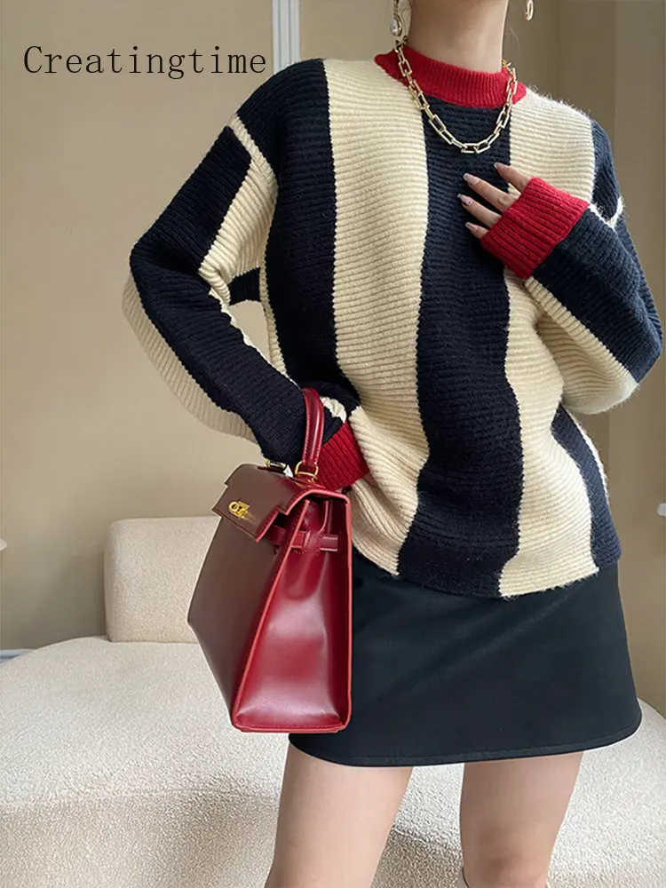 

Colorblock Design Wide Striped Sweater Thick Women 2023 Spring Autumn New Round Neck Long Sleeve Hitcolor Fashion Knitwear 1A271