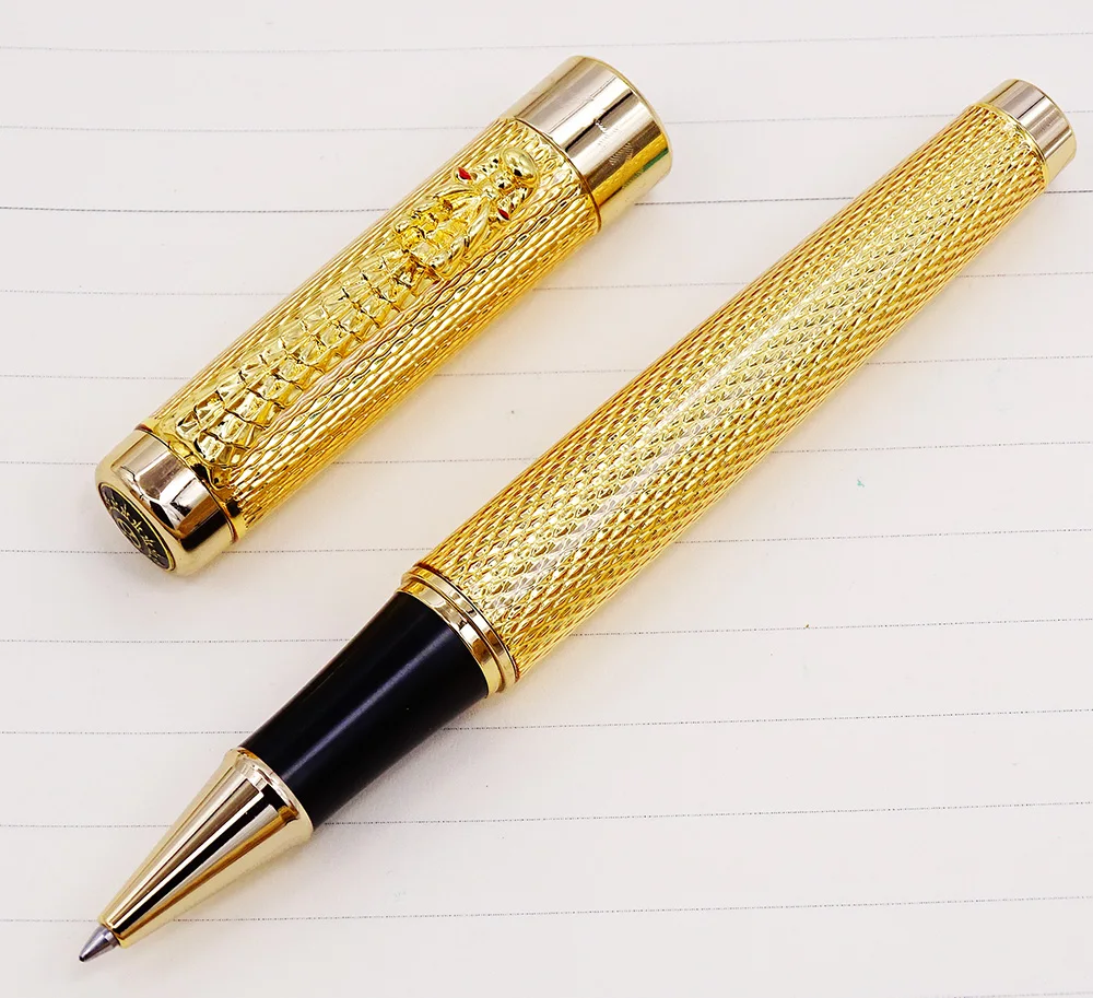 

Jinhao 1200 Vintage Luxurious Rollerball Pen Beautiful Ripple with Dragon Clip, Noble Golden Metal Carving Ink Pens Collection