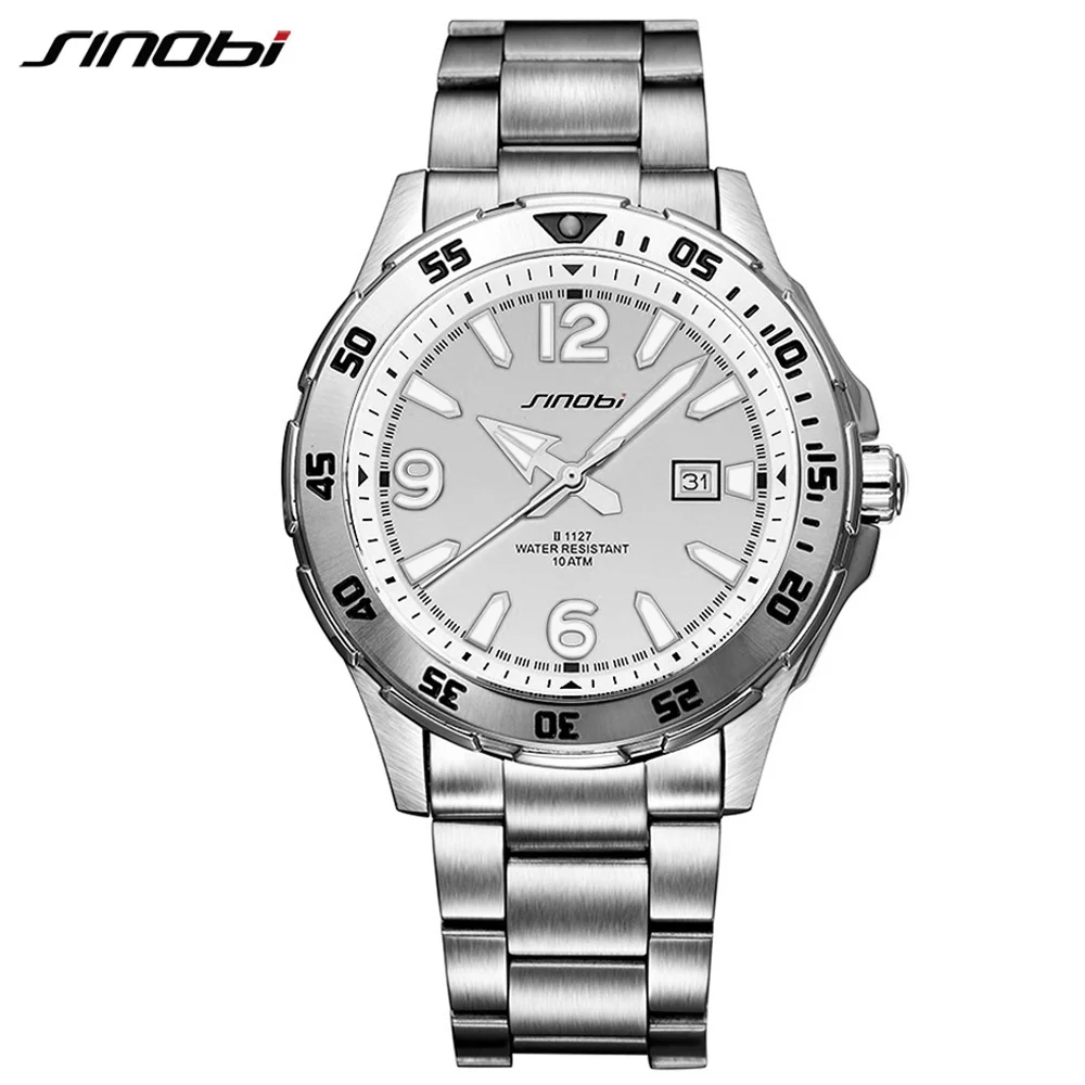 

SINOBI Hot 10Bar Waterproof Men Diving Wristwatches Auto Date Luxury Stainless Steel Luminous Males Geneva Quartz Clock relogio