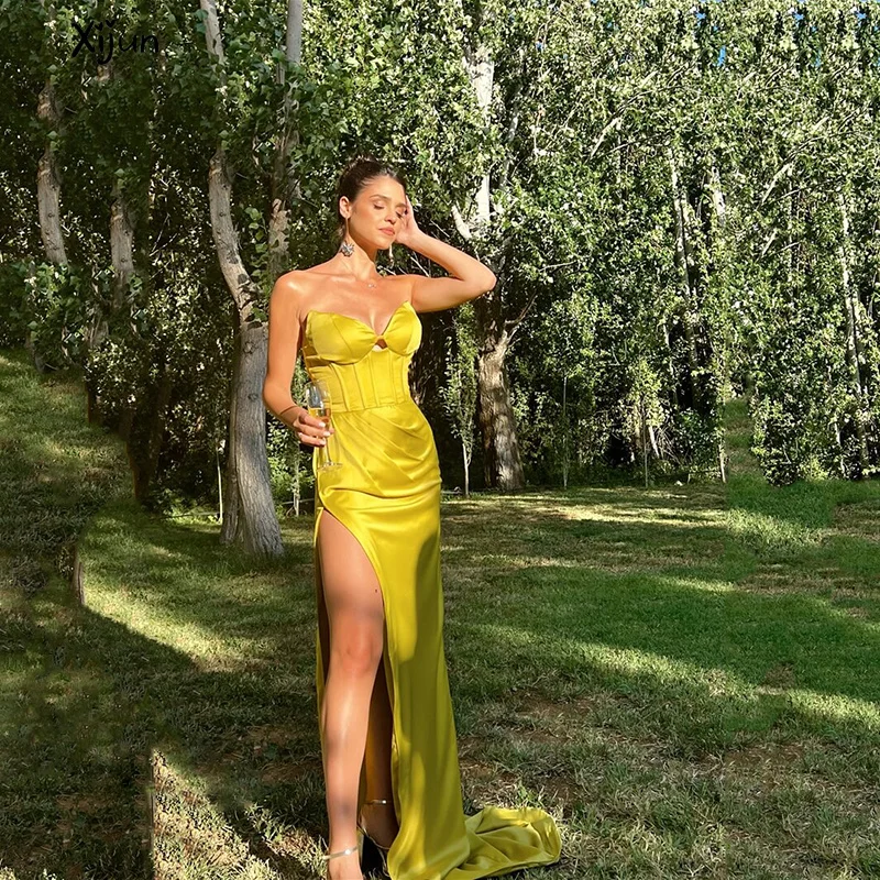 

Xijun Yellow Mermaid Prom Dress For Women Spaghetti Strap Sleeveless Evening Dresses Side Split Pleated Formal Party Gowns 2023