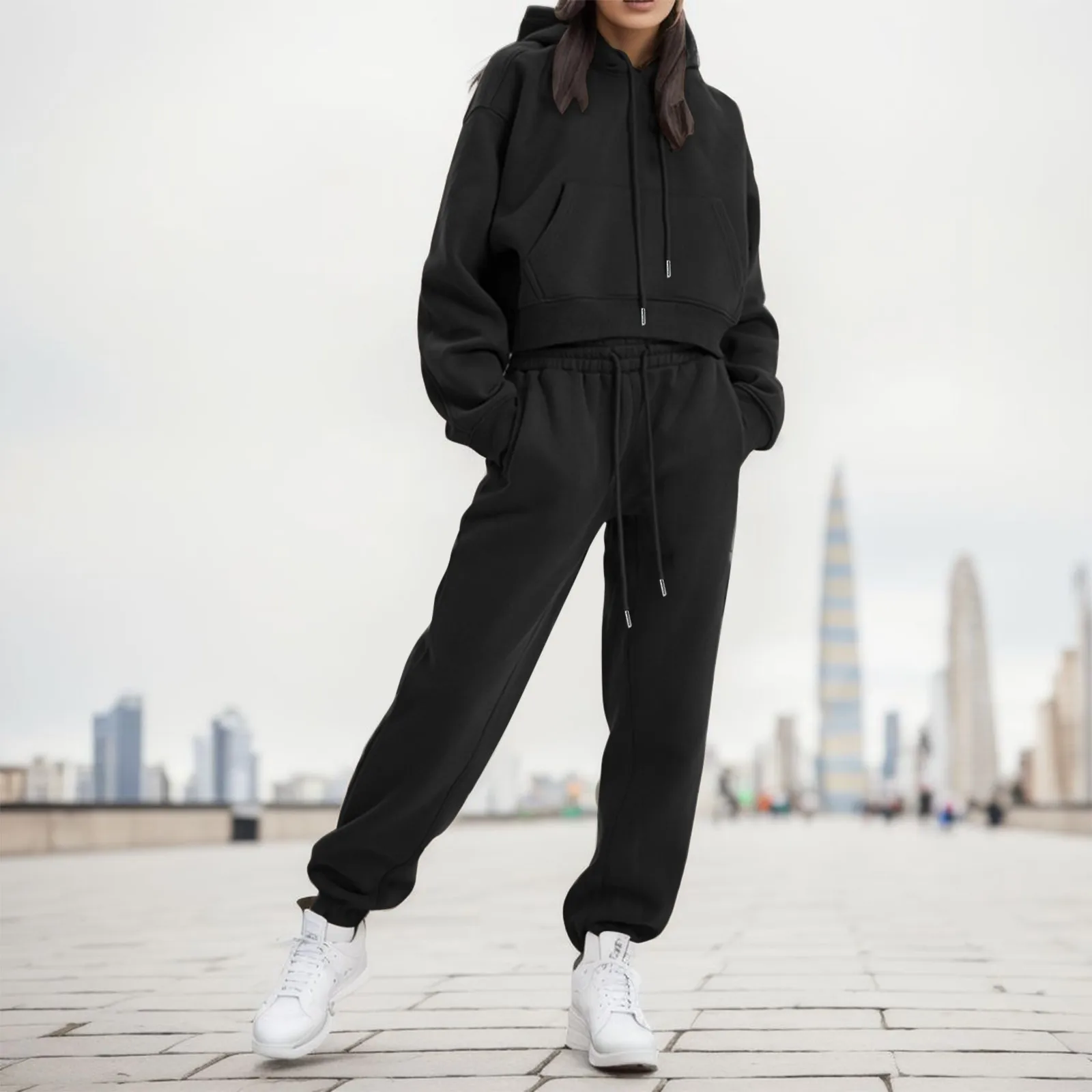 

Womens Fleece Tracksuit 2 Pieces Set Autumn And Winter Thicken Hooded Pullover Hoodies+Pants Sport Suit Female Warm Sweatshirts