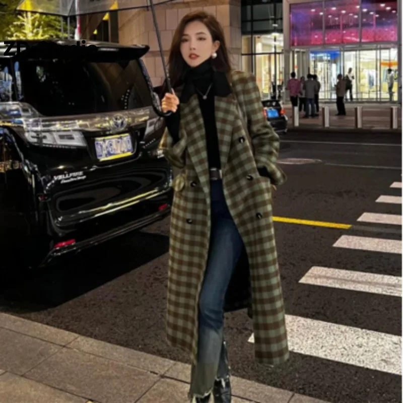 

Женское двустороннее кашемировое пальто [ZD Studio], длинное двубортное шерстяное пальто с отложным воротником в стиле ретро, свободного покроя, в клетку, Осень-зима 2022