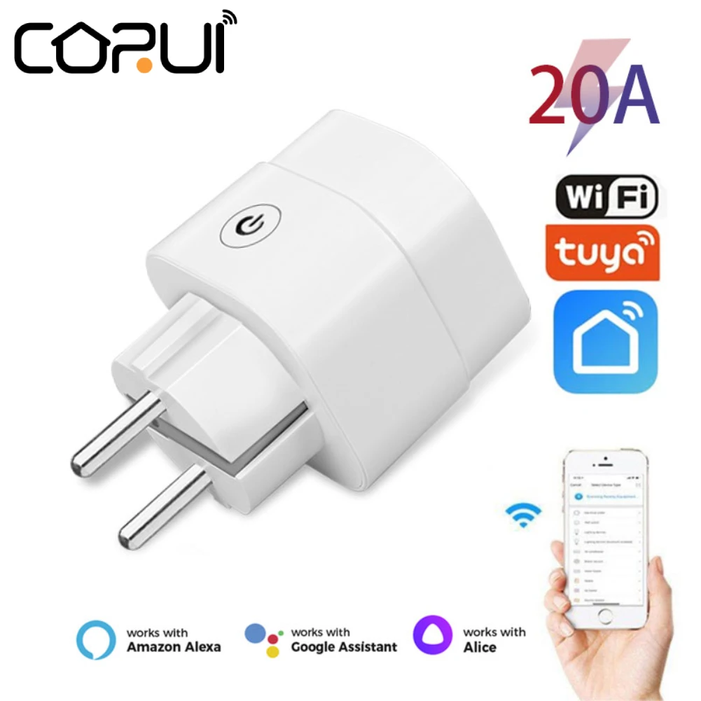 CORUI WIFI Socket 20A Smart EU Plug Power Monitor Via Tuya Smartlife App Alexa Google Home Yandex Alice Control Smart Home