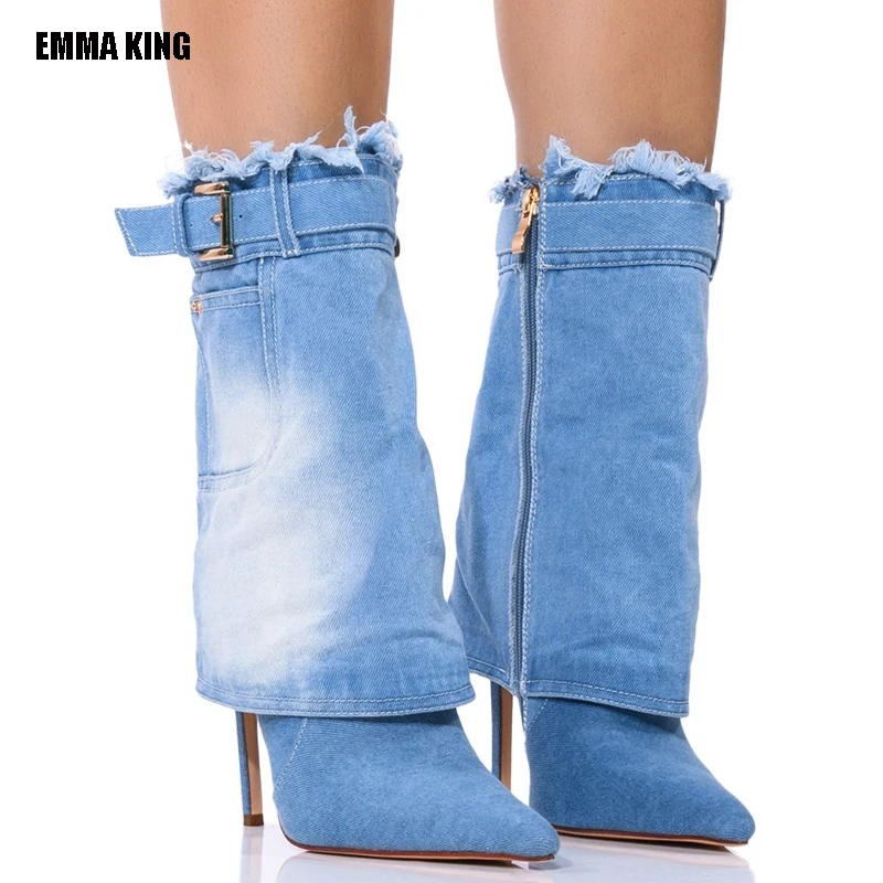 

2023 Women's High Heel Cowboy Boots Short Boots New Middle Waist Belt Sexy Spring Cowboy Boots Fashion Big Calf Pants Boots 44