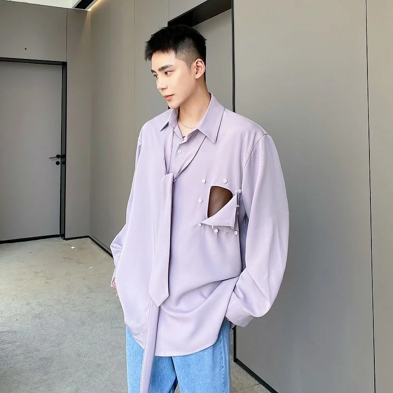 

Рубашка SYUHGFA мужская с длинным рукавом, уличная одежда со съемным карманом, Свободная блуза в Корейском стиле, черная фиолетовая, весна 2022