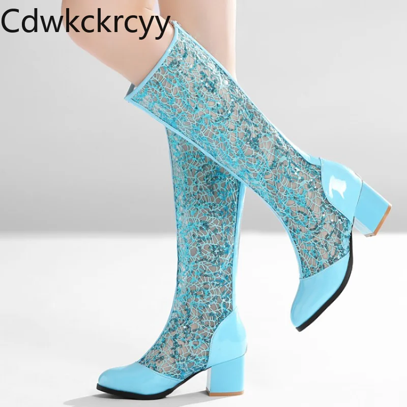 

summer New styles fashion high-heeled Women sandals Mesh yarn Sequin zipper Square heel High cylinder Women cool boots high 6cm