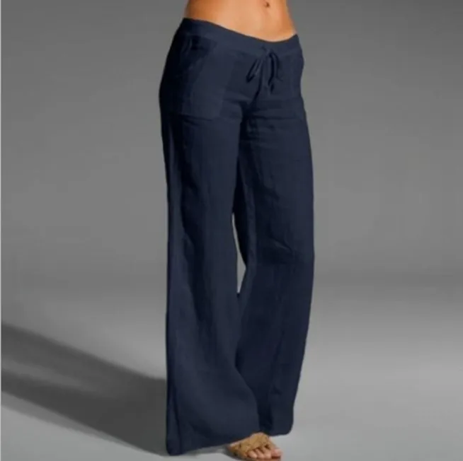 2023 Summer Cotton Women's Long Pants Black Drawstring Pockets Wide-leg Pants Female New Casual Loose Fashion Ladies Bottom