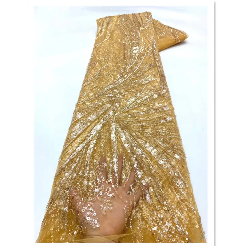 

2022 Новое поступление, африканские бусины, сетка, тюль, кружевная ткань, 5 ярдов, красивое Африканское Сетчатое кружево с бусинами для женског...