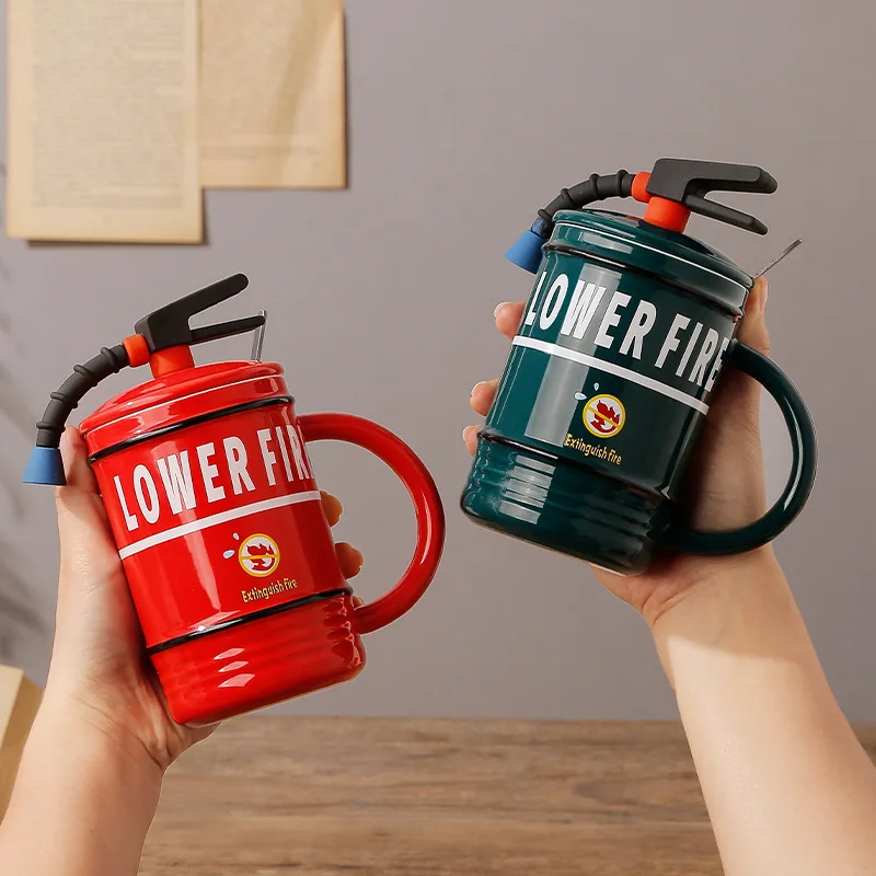 

Creative Ceramic Cup Fire Extinguisher Shape Fun Mug Home Office Coffee Mugs with Lid and Spoon Perfect Gift for Firefighters