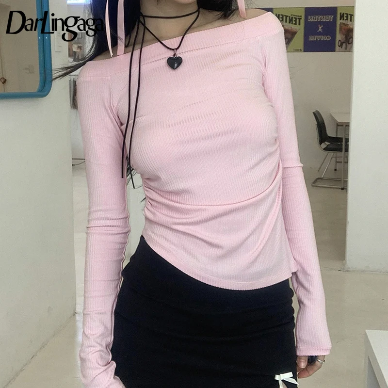 

Darlingaga Harajuku Sweet Pink Autumn T shirt Female Top Fold Coquette Clothes Slash Neck Slim Knit Tee Shirts Asymmetrical Cute