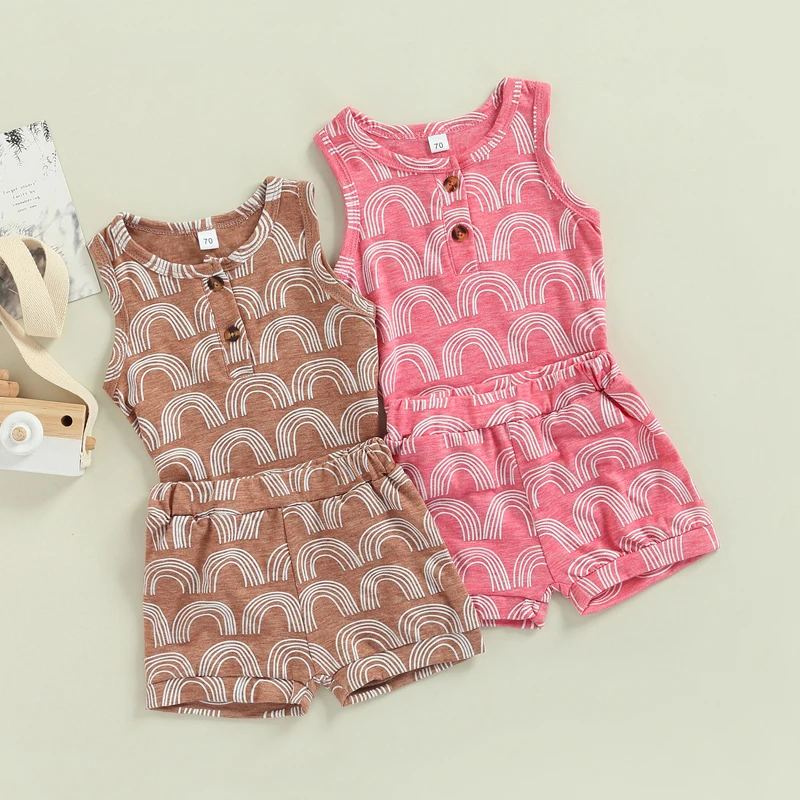 

Summer Casual Baby Toddler Clothes Sets Stripes Printed Round Neck Sleeveless Tank Tops with Short Outfits Cotton Baby's Sets