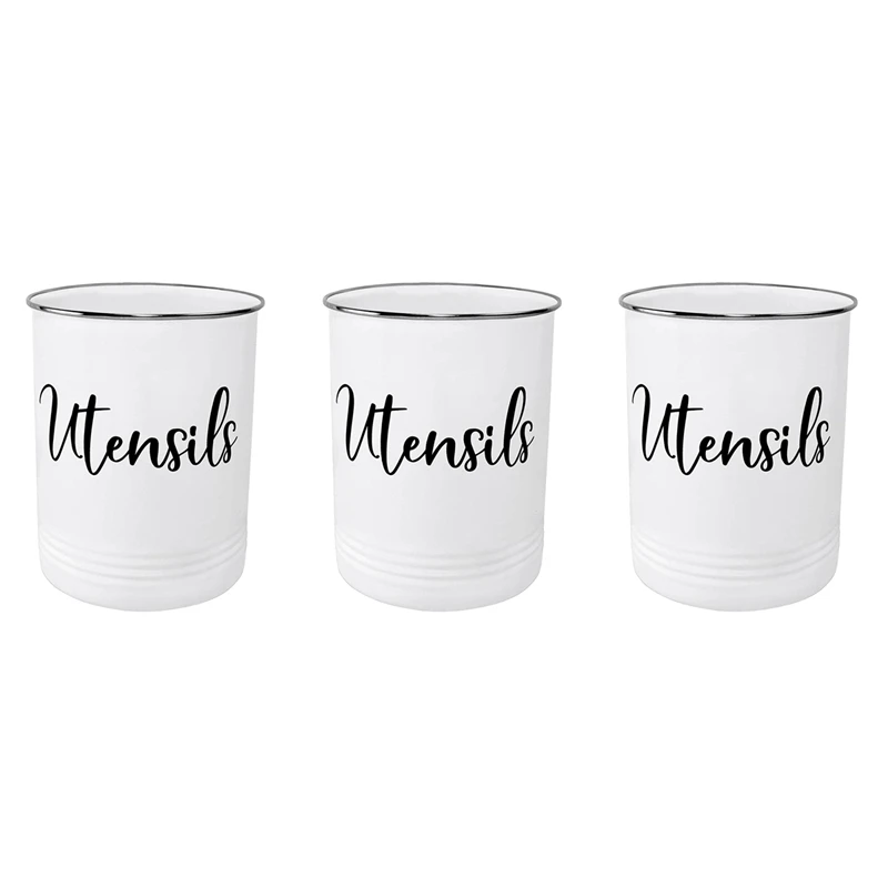

3X Kitchen Utensil Holder-Modern Farmhouse Kitchen Decor-White And Black Utensil Crock-Vintage Organizer- Kitchen Tool