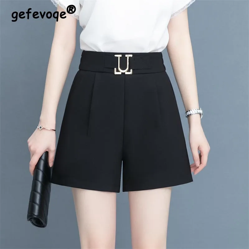 

Office Lady Work Elastic Waist Elegant Shorts Women High Waist With Belt Wide Leg Summer 2022 New Harajuku Korean Short Feminino