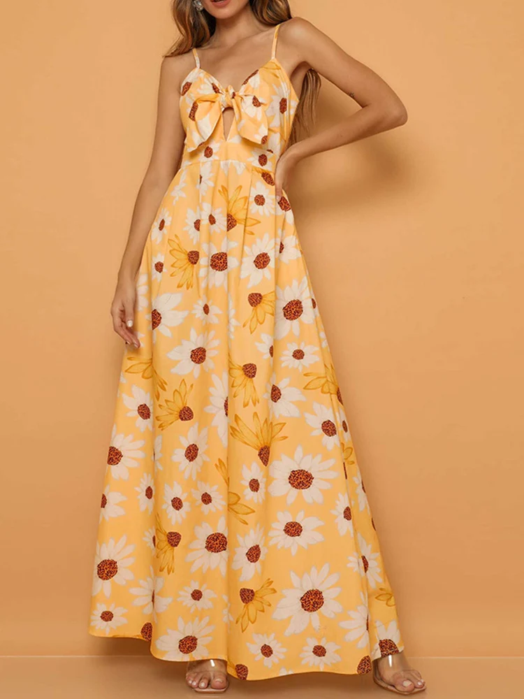 

Sexy V-neck Bow Lace-up Hollow Out Sling Dress Elegant Floral Printed Waist Slim Beach Party Dress Women Sleeveless Maxi Dress