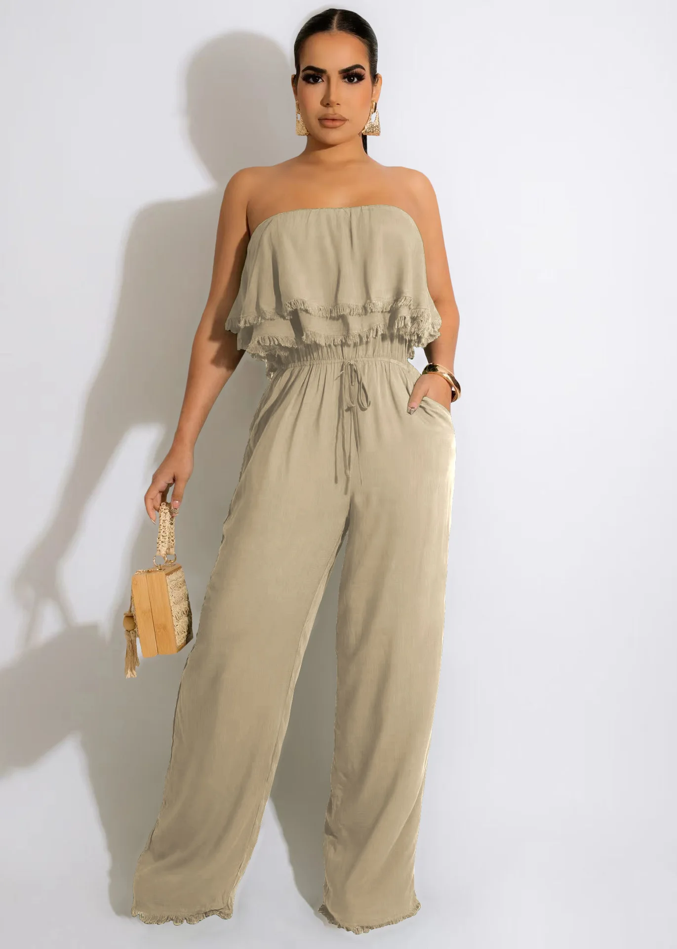

2022 European And American Women's Solid Color Sleeveless Sexy Wrap Chest Ruffles Casual Fashion Elegant Jumpsuit Women
