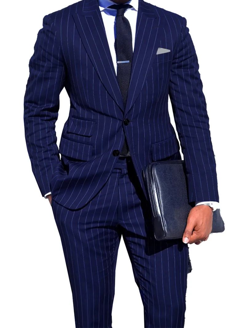 

2022 Tailored Single Breasted Suit Peak Lapel Mens Chalk Stripe Suit Custom Made Light Navy Blue Mens Striped Suit 076