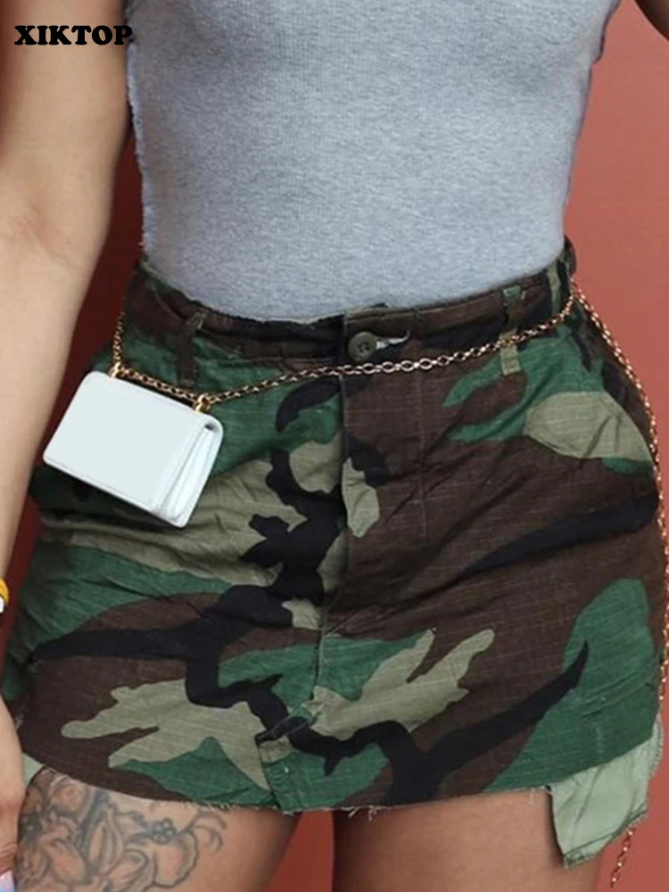 

XIKTOP Camouflage Slim Skirt Women Summer Sexy Hip Package Pockets Army Green Casual Skirts Female Bottoms