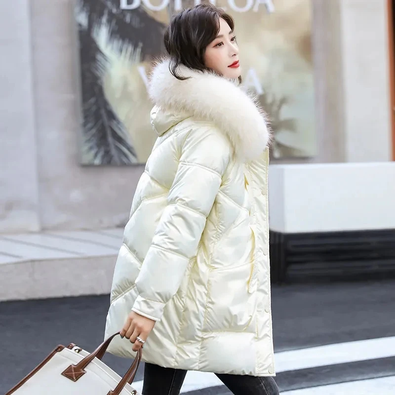 Shiny Wash-free Down Cotton Jacket Women Fashion Casual 2022 Winter Padded Coat Female Long Hooded Fur Collar Thick Warm Parkas