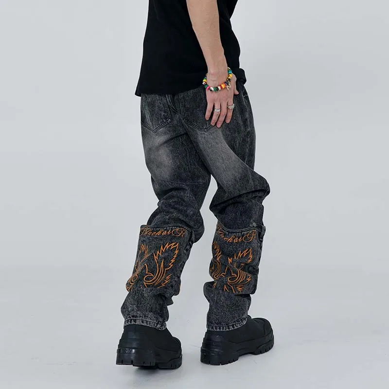 

Ankle Detachable Embroidery Patchwork Washed Denim Trousers for Men and Women Straight High Street Loose Casual Jeans Pants