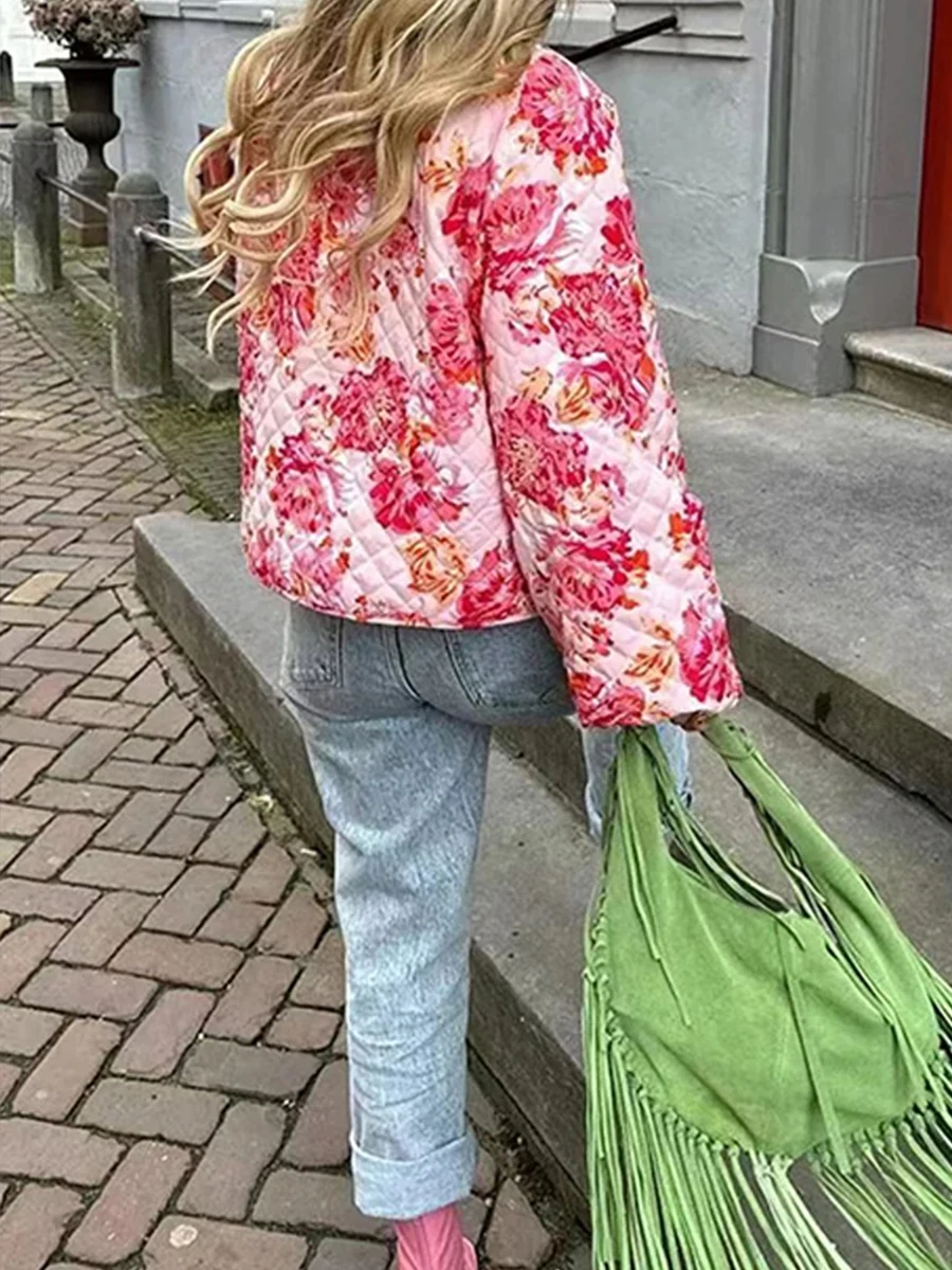 Женская Стеганая куртка на пуговицах Легкий Повседневный Кардиган с цветочным