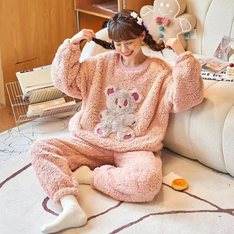 Winter Women Coral Fleece Pajamas Sets 2022 New Thick Warm Flannel 2 Piece/Set Sweet Cute Loungewear Home Clothes Female
