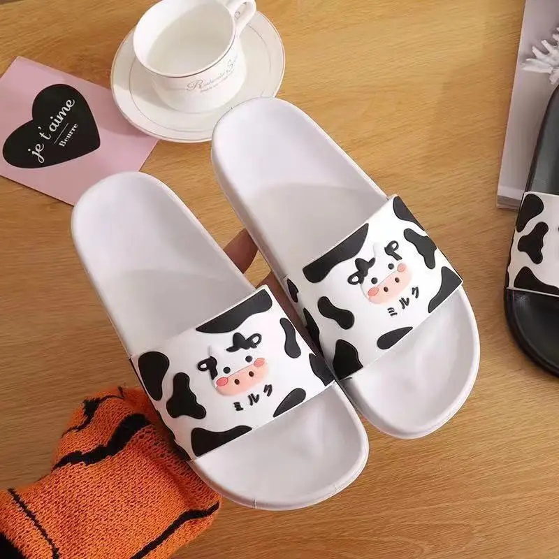 

Cute Cartoon Cow Pattern Women Slippers Ladies Bathroom Shower Slipper Soft PVC White Black Color Female Home Floor Slides Shoes