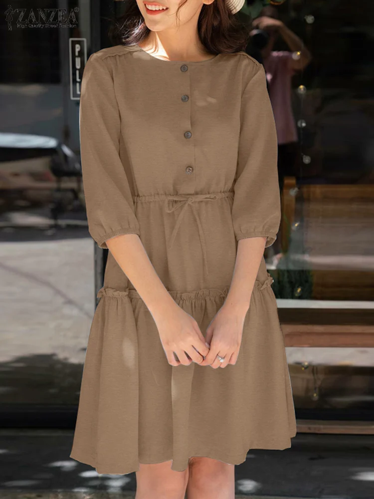 

ZANZEA Female Vestidos Daily Ruffled Knee Length Dress Solid Korean Fashion Buttons Casual Robe Pleat Elegant Drawstring Dresses