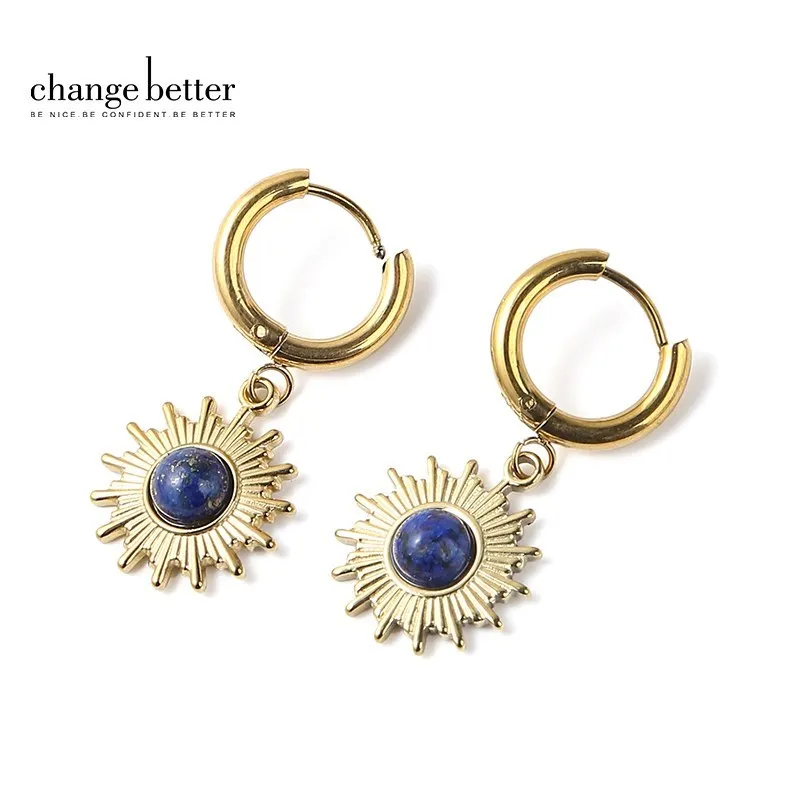 

Change Better Natural Stone Lapis Lazuli Stainless Steel Hoop Earrings Women Vintage Gems Inlay Bohe Dangle Earrings Party Gift