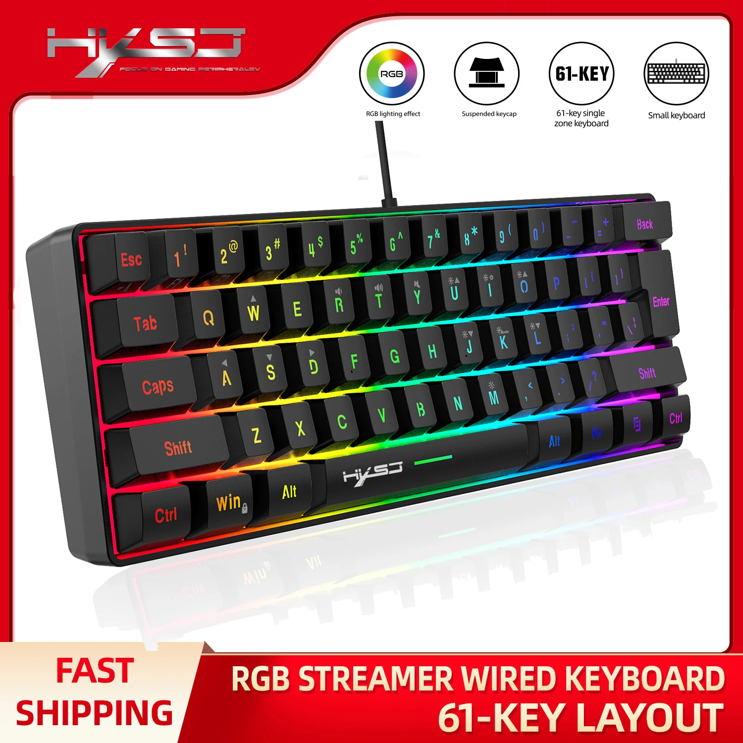 HXSJ 60% Проводная игровая клавиатура с 61 клавишами, RGB-подсветкой, ультракомпактная мини-клавиатура для бизнеса в США, для ПК, MAC, PS4, геймеров