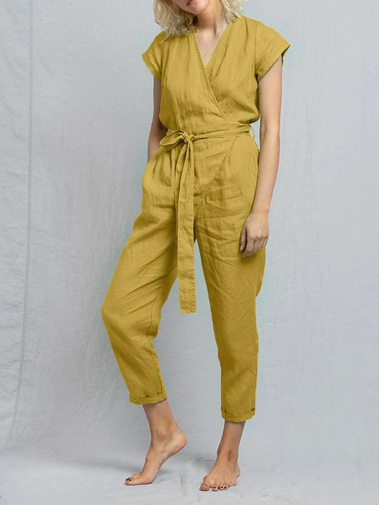 

Elegant Casual Short Sleeve Pencil Pant Playsuit Women Solid V Neck Cotton Linen Jumpsuit Summer Fashion Lace-up Office Overalls
