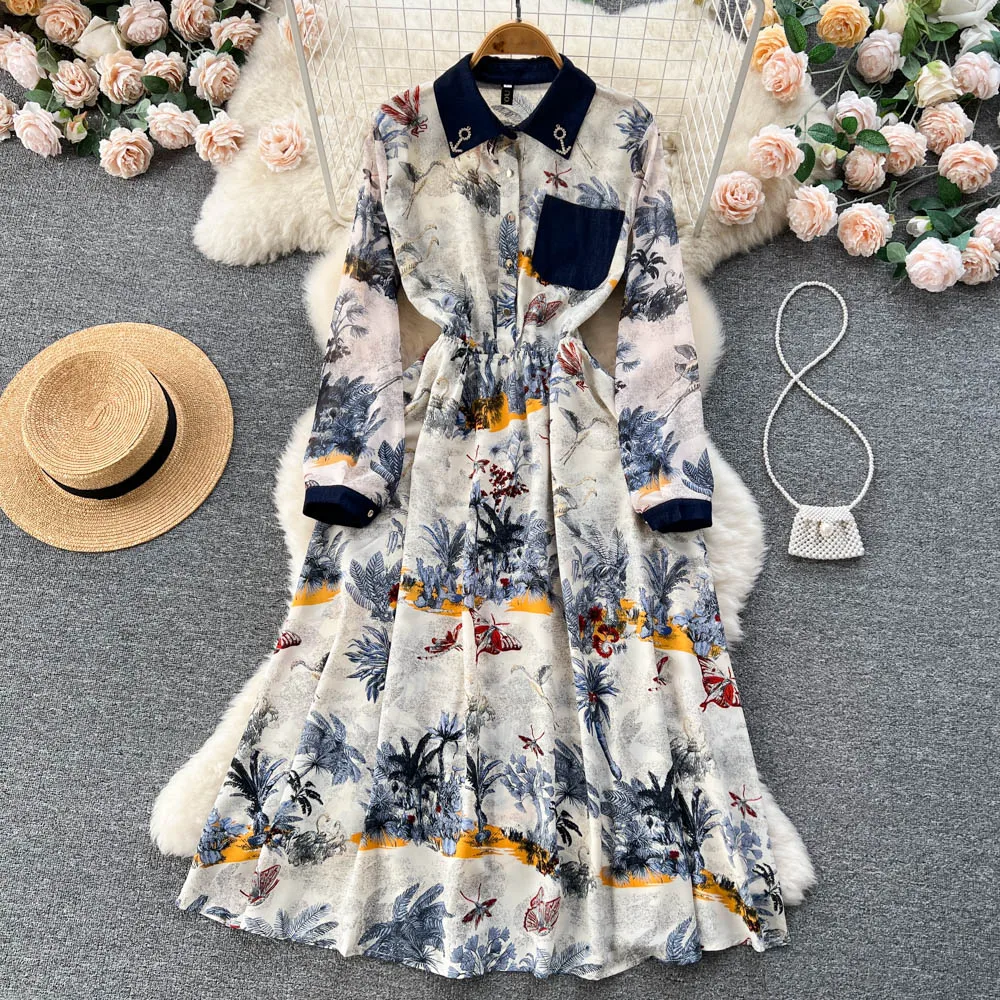 

Женское шифоновое платье-рубашка в стиле пэчворк, модельное элегантное платье миди с длинным рукавом и цветочным принтом бабочек, офисное платье с поясом, лето 2023
