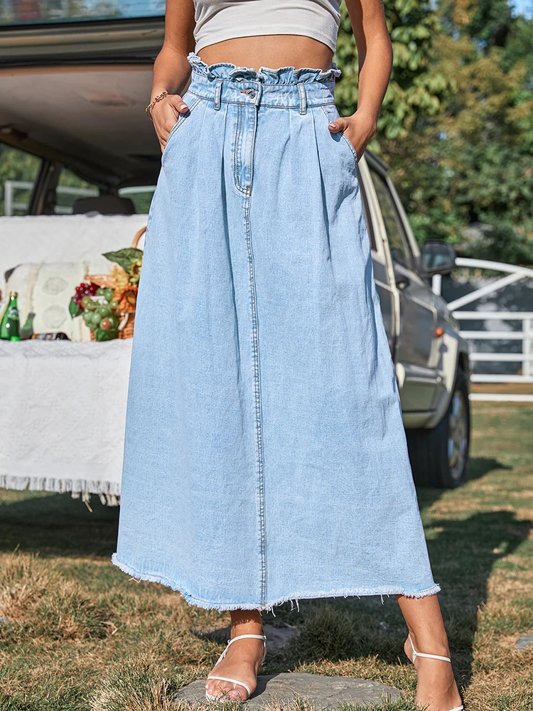 

Casual Women's Denim Skirts Y2K Spring Summer Vintage Streetwear Pocket High Waisted A-line Jean Maxi Skirt faldas para mujer