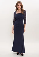 dark navy ruched chiffion mother of bride dress three quarter lace sleeves wedding guest dress with beading jacket