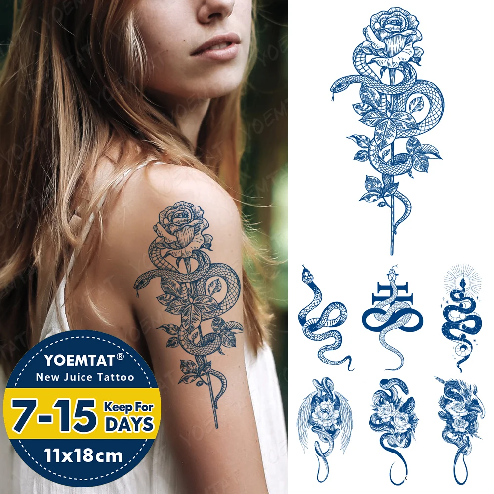 

Waterproof Temporary Tattoo Sticker Body Art Semi-Permanent Rose Snake Peony Juice Lasting Ink Genipin Herbal Sexy Fake Tatoo