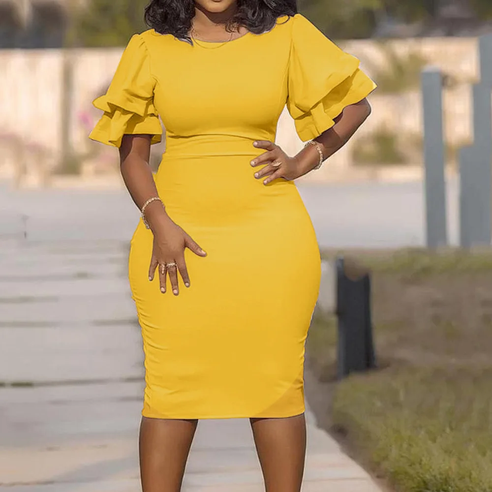 

Dress 2023 Summer Ladies Temperament Commuter Solid Round Neck Ruffle Sleeve Medium Length Short Sleeve Pleated Skirt Vestidos