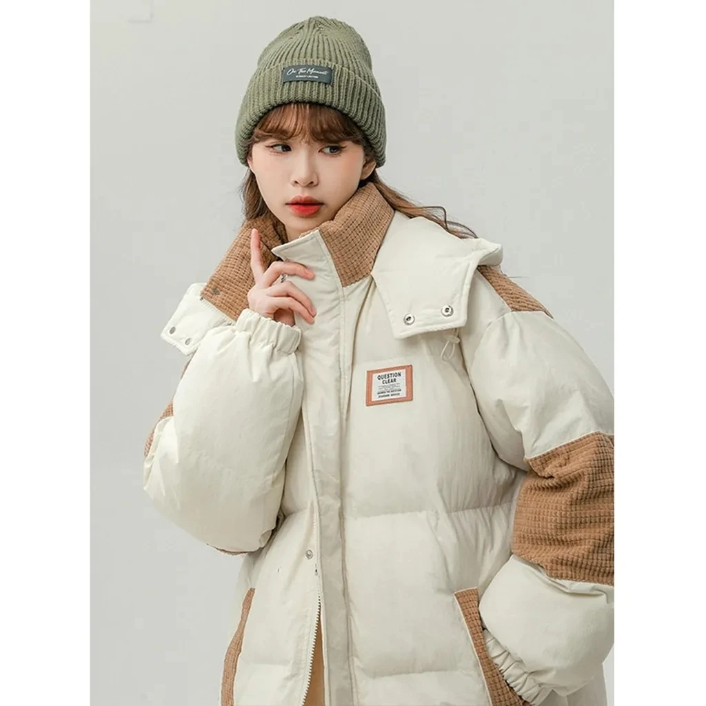 

Down Cotton Jacket Women Autumn Winter 2023 New Patchwork Hooded Cotton Coat Korean Style Fashion Casual Loose Parkas Womens