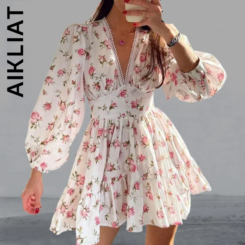 

Aikliat New Women Dress Floral V neck Sweet Short Dress Popular Cheap Women's Dress Elastic Stylish Vestidos Female Clothing