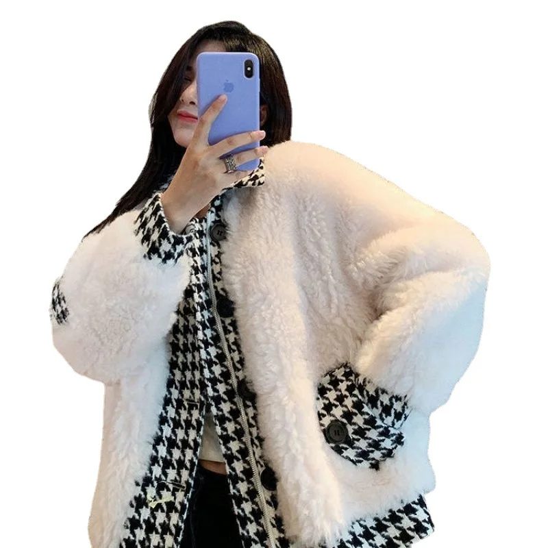 

Autumn Winter Korean Version Loose Lamb Wool Plaid Splicing Imitation Fur Coat Fashion Casual Girl Coats Women Winter Jacket