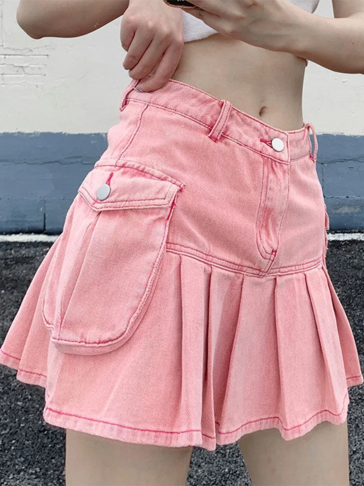 

Harajuku Streetwear Casaul Summer Punk Pocket Patchwork High Waist Pleated Skirt Hot Girls Pink Denim Mini Women