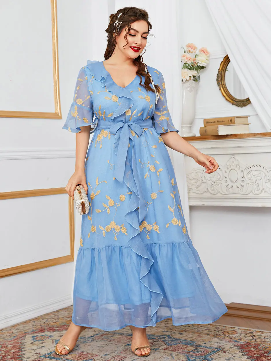 

TOLEEN Summer Women Plus Size Large Elegant Maxi Dress 2022 V-Neck Tie Waist Blue Long Oversize Dress For Party Evening Festival