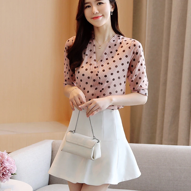 Женская блузка с коротким рукавом Офисная рубашка в горошек V-образным вырезом