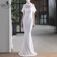 white halter evening dress mermaid prom gown tulle sleeves sequin party dress long fitted formal gown beadings women dress 2022