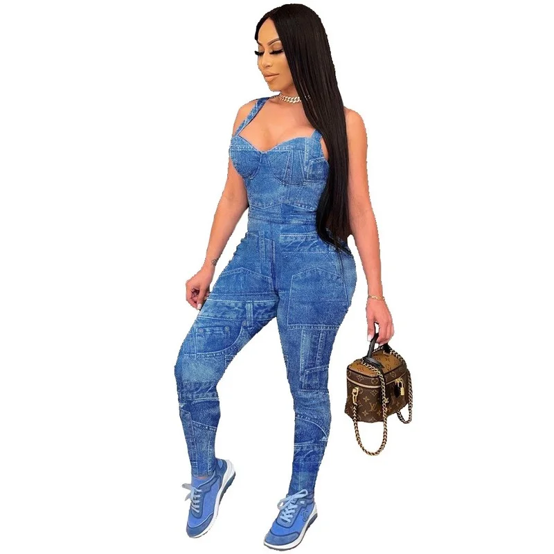Spring Summer New Fashion Suspenders Imitation Denim Print Jumpsuits Women 2021 Patchwork Collage Casual High Waist Slim Rompers