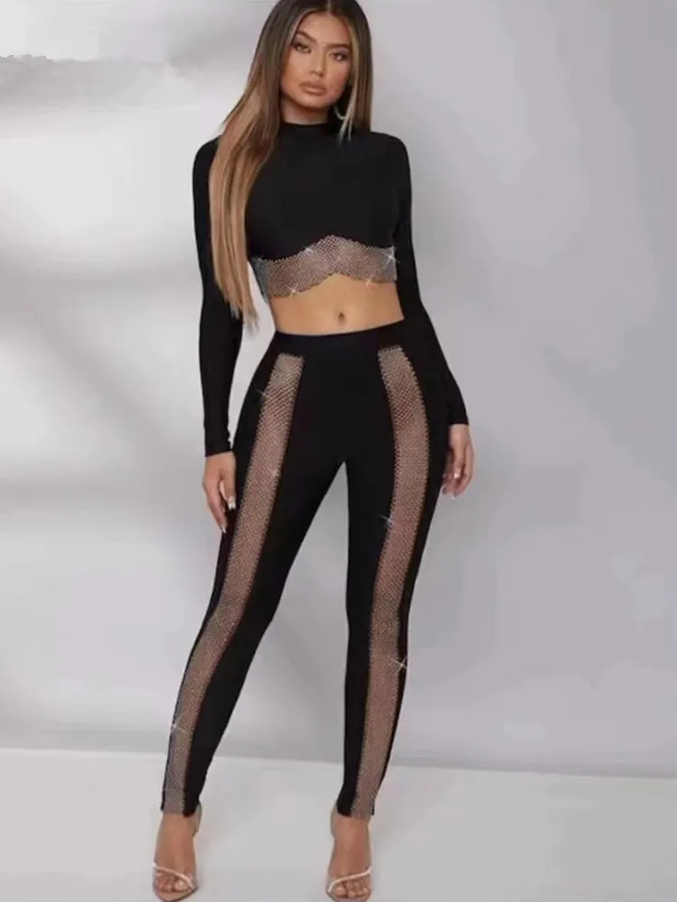 

Женский зимний сексуальный комплект из двух предметов с длинным рукавом и черными кристаллами бриллиантами, облегающий костюм 2022, модный к...