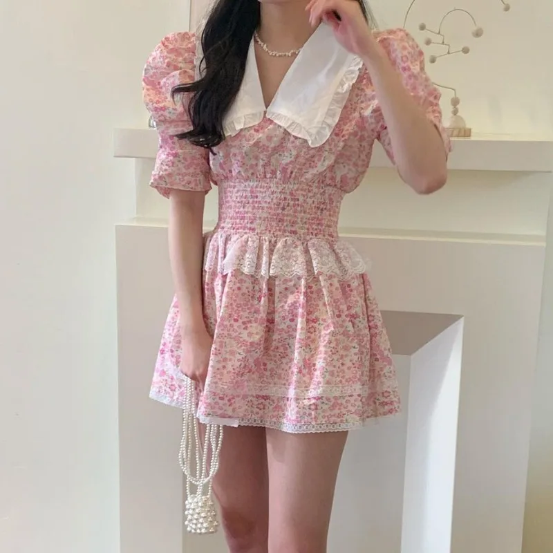 

Retro Floral Print Women Dress Summer Sweet Pink Puff Short Sleeve Mini Dresses 2022 New Fashion High Waist A-Line Frock